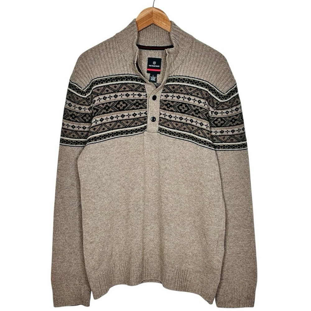 Victorinox Wool Blend Pullover Sweater Size Large Button Henley Fairisle Brown